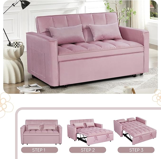 3 in 1 Convertible Sleeper Sofa Futon BedModern Velvet Pull Out Couch Bed with Reclining Backrest&amp2 Pillows54 Full Size Small Love Seat Lounge Couches for Small SpacesLiving Room (Pink)