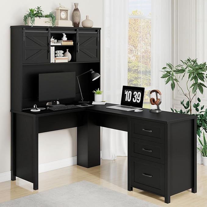 Vabches Farmhouse 68 H L Shaped Desk with HutchOffice Table with 3 Drawers and Sliding Doors Executive Desk with File Drawers and Charging Station Wood Workstation for Home Office and Study