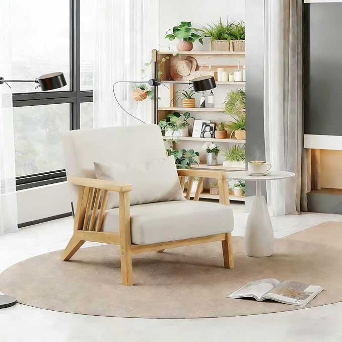 Solid Wood Accent Chair Mid-Century Modern Lounge Armchairs Fabric Upholstered Soft Comfy Living Room Chairs with Armrest Waist Cushion Pillow for Office Reading Waiting Room (Natural)