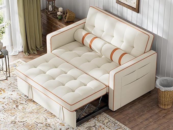 Marsail 3-in-1 Convertible Futon Sleeper Sofa Bed Pull Out Couch with Adjustable Backrest USB Charging &amp Side Pockets Velvet Fabric Sofa Loveseat for Living Room Apartment Ivory White
