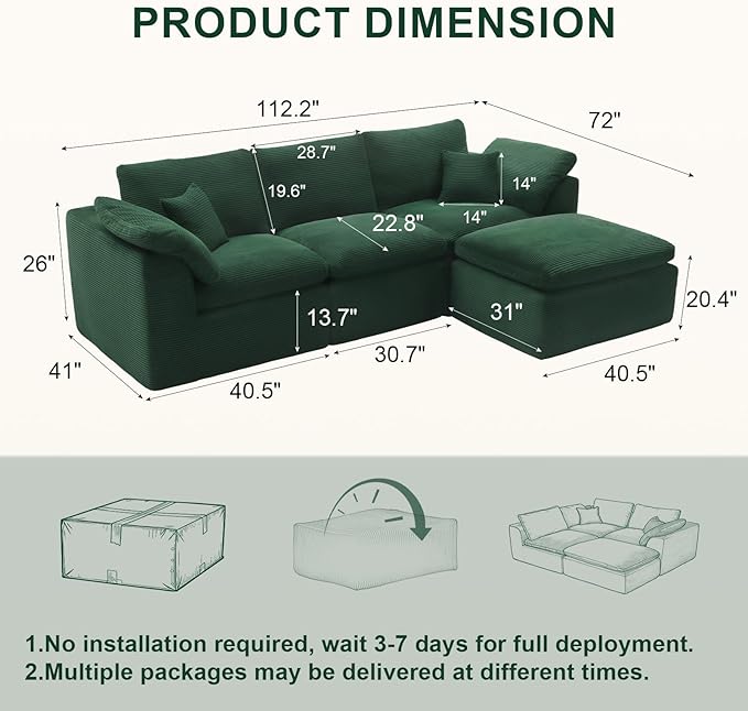 112 Cloud Sectional Couch Boneless couches for Living Room L Shaped Couch with Convertible Ottoman Modular Sectional Sofa with Deep Seat Comfy Soft Cushions No Assembly Green