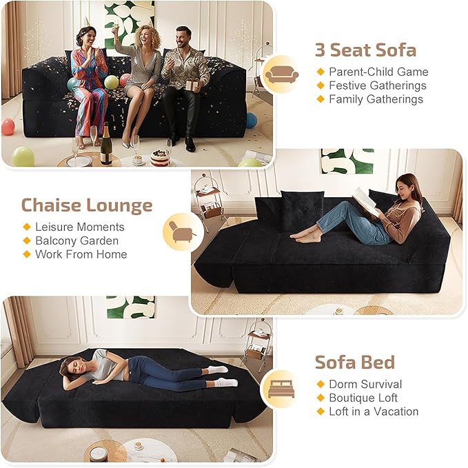 3-in-1 Convertible Sofa Bed 3-seater Boneless Futon Couch with Adjustable Backrest and Armrests Chenille Chaise Lounge Sofa with Pillows Floor Sleeper Loveseat for Living Room Reading Room Black