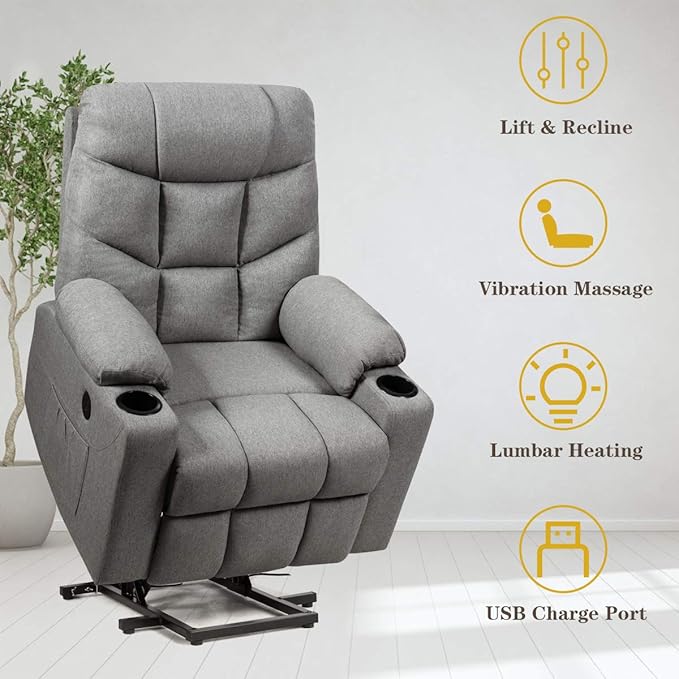 Giantex Power Lift Chair Electric Recliner Sofa for Elderly Fabric Reclining Sofa w/ 8 Point Massage &amp Lumbar Heat 2 Side Pockets Cup Holders USB Charge Port Motorized Sofa Chair for Living Roo