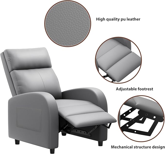 JUMMICO Recliner Chair Adjustable Home Theater Single Recliner Sofa Furniture with Thick Seat Cushion and Backrest Modern Living Room Recliners (Leather Grey)