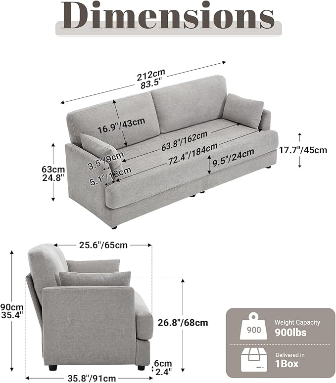Kingfun 83 Chenille Sofa Modern Couch with Thickened Cushions Mid Century Couches with Solid Wood Frame Comfy Deeper Seats T-Cushion for Living Room and Bedroom Light Gray