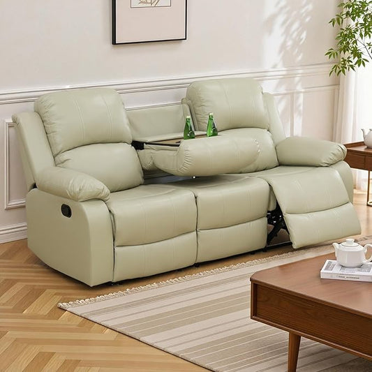 Manual Recliner Sofa Set for Living Room Leather Reclining Sofa Sets Faux Leather Couch Set with Cup Holders Drop-Down Table and Storage Console(SofaBeige)