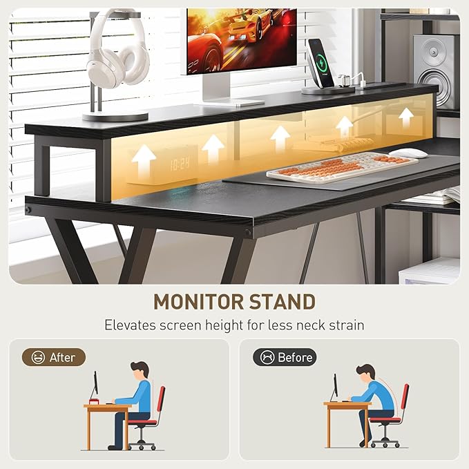 Reversible L Shaped Gaming Desk with Shelves 52'' L Shaped Computer Desk with Power Outlet and LED Light Corner Desk with Storage Shelf and Monitor Stand for Home Office Black