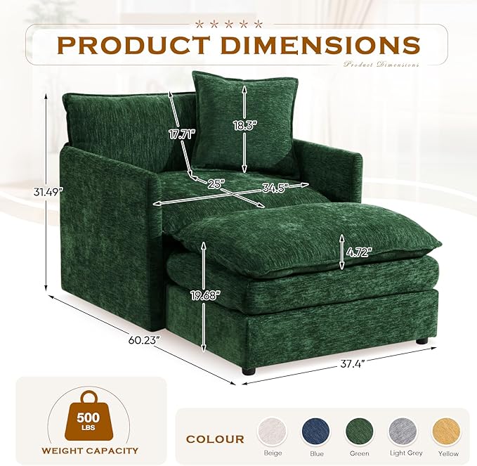 Oversized Chaise Lounge Chair Indoor Modern Comfy Chenille Cloud Accent Chair and A Half with Ottoman Single Deep Seat Sofa Couch Reading Armchair for Living Room Bedroom Apartment Green