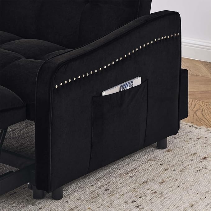 Sleeper Sofa Couch with Type C USB Port 3 in 1 Modern Velvet Convertible Loveseat Sofa w/Pull Out Bed Curved Armrest for Small Space Livingroom Apartment Office Black