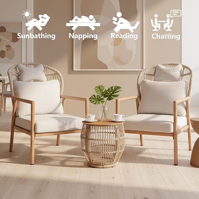 Modern Living Room Chairs Accent Chairs Set of 2 with Coffee Table Comfy Arm Chair with Cushions Rattan Reading Lounge Chair with Metal Frame Armchair for Bedrooom/Indoor/Outdoor Beige