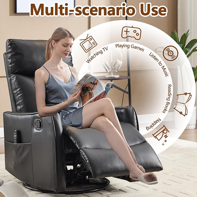 Slim Swivel Rocking Chair Recliner with PocketsLazy Boy Recliners for for AdultsSmall Recliner Chair for Small Spaces Manual Reclining Chair for Living Room Bedroom (Black)