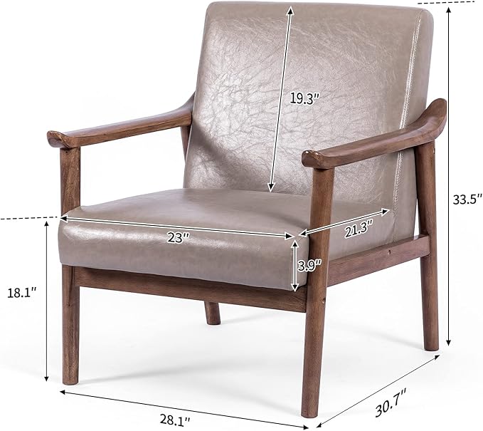 UNICOO - PU Leather Accent Chair Armchair with Solid Wood Frame. Mid Century Modern Reading Arm Chair Sofa Chairs for Living Room Bedroom (U2120-Grey)