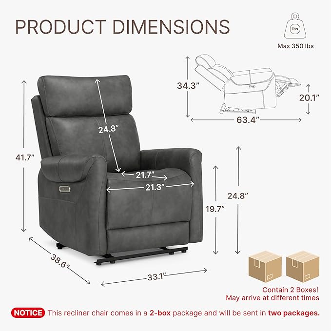 Wall Hugger Recliner Chair for Adults Faux Leather RV Recliner with USB Charging Ports Electric Power Reclining Sofa for Living Room Home Theater Seating Bedroom