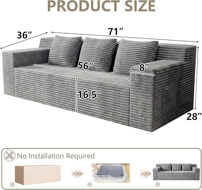 71 Love Seat Couches Corduroy Boneless Loveseat with Deep Seats 2 Seat Couch Apartment Size Couch with 3 Pillows&ampSide Pockets for Bedroom Office No Assembly Required Light Gray