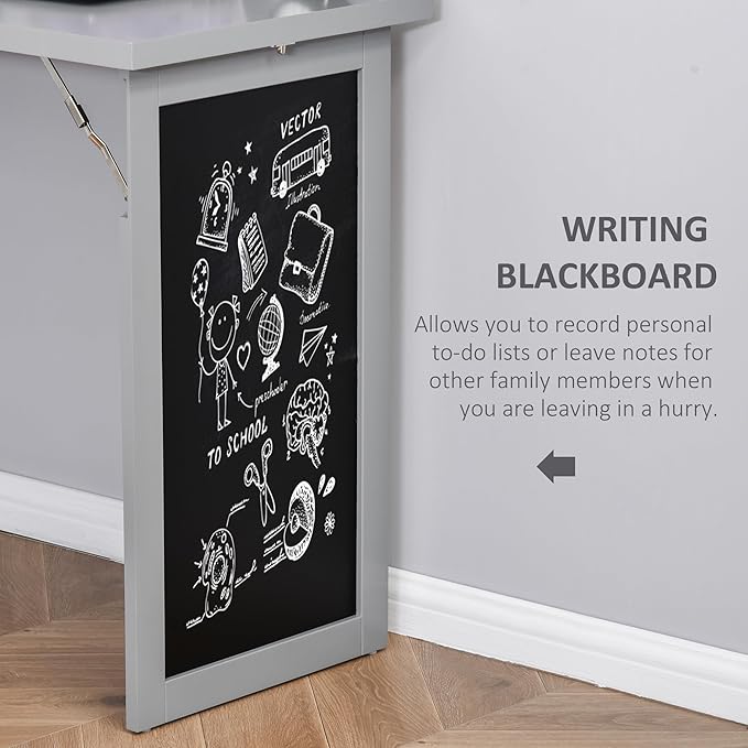Foldable Wall Mount Desk Cabinet with Writing Blackboard and Storage Shelf - Grey - Compact Home Office Workstation