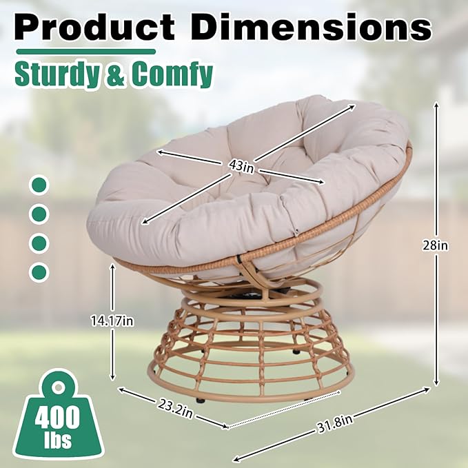 43 Ergonomic 360° Swivel Papasan Chair Wicker Round Chair with Thick Cushion Lounge Chair for Living Room Bedroom Reading Nook Indoor Outdoor Use Light Gray Cloud &amp Yellow Frame