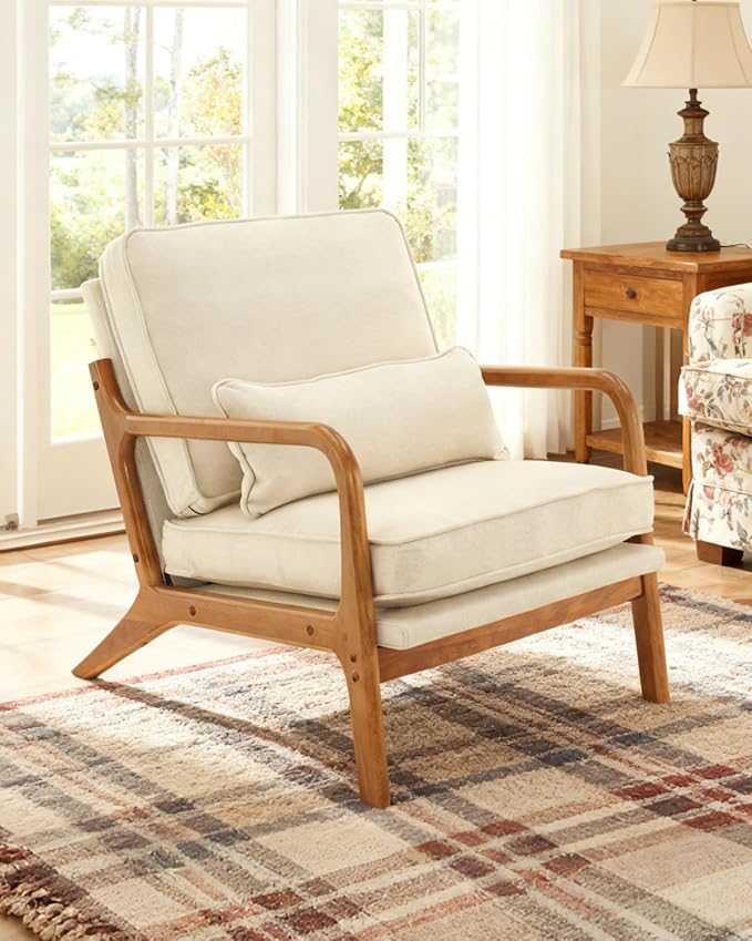 Karl home Accent Chair Mid-Century Modern Chair with Pillow Linen Fabric Upholstered Lounge Arm Chair with Solid Wood Frame &amp Soft Cushion for Living Room Bedroom Balcony Beige