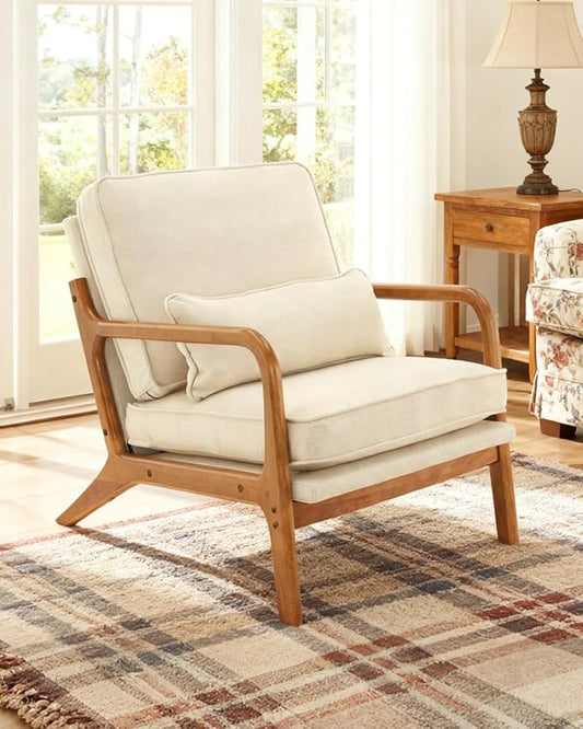 Karl home Accent Chair Mid-Century Modern Chair with Pillow Linen Fabric Upholstered Lounge Arm Chair with Solid Wood Frame &amp Soft Cushion for Living Room Bedroom Balcony Beige