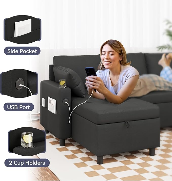 Sleeper Sofa Couch with Pullout Bed 83.5'' L Shaped Convertible Sofa Bed Couches for Living Room Small Apartment Pull Out Couch with USB Storage Chaise Cup Holder Linen Fabric Black