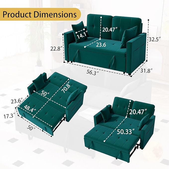 Green Convertible Sofa Bed: 3 in 1 Sleeper Sofa Couch Bed Pull Out Couch with Adjustable Backrest Velvet Convertible Loveseat Sleeper for Living Room (Green)