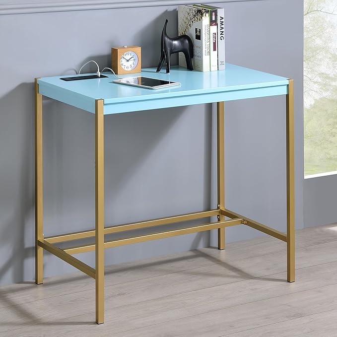 24/7 Shop at Home Fultonville Modern Metal Writing Desk with USB Port Power Outlet for Workstation Home Office Study Room Aruba Blue and Gold