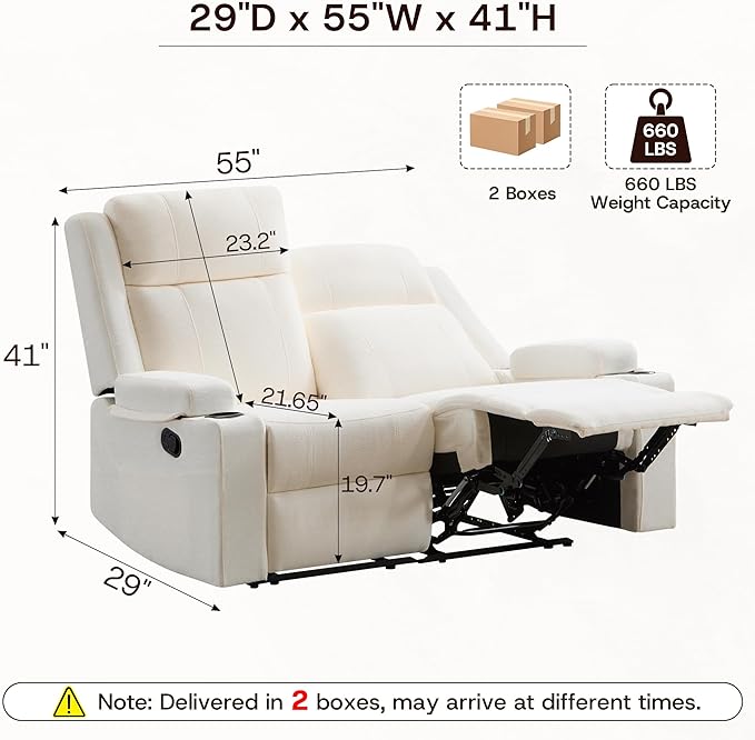 55 Loveseat Recliner Sofa with Cup Holders Manual Double Reclining Couch in Chenille Fabric Wide Seat &amp Side Pockets for Living Room Small Spaces Apartment and RV