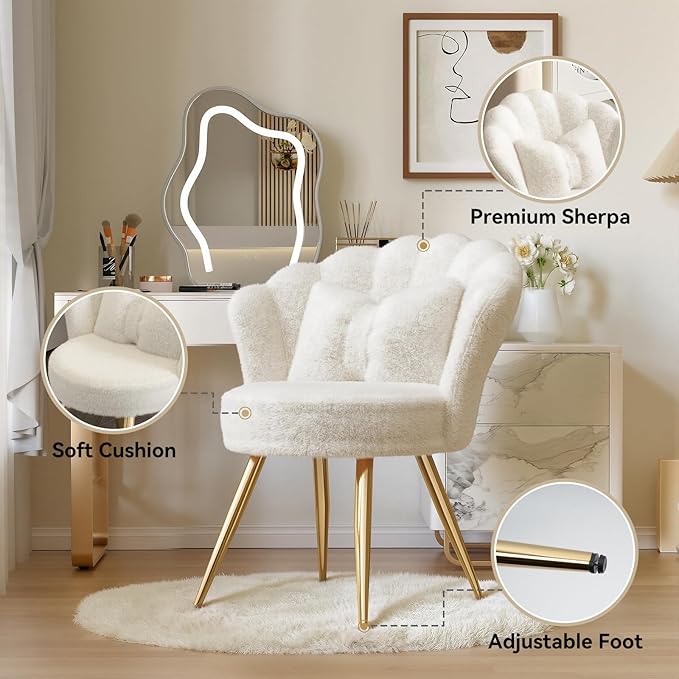 Plush Velvet Sherpa Accent Chair with Gold Metal Legs Fluffy Vanity Chair for Makeup Room Upholstered Guest Chair for Living Room for Bedroom Cream White