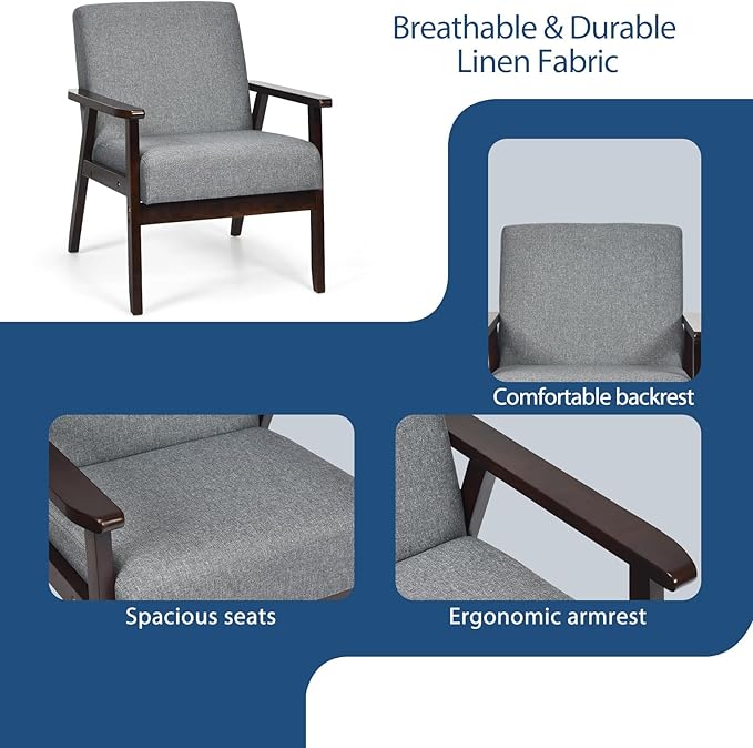 POWERSTONE Mid Century Accent Chair Set of 2 Modern Armchair Wood Frame Linen Upholstered Reading Lounge Leisure Side Chair for Living Room Bedroom Dark Grey