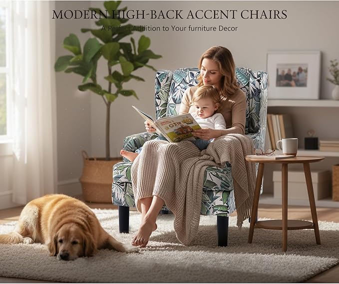 Modern Accent Chair for Living Room Chairs Oversized Reading Chair Accent Chairs for Living Room Sofa Chair with High Back and Wood LegsUpholstered Armchair Comfy Chair for Bedroom(Green Floral)