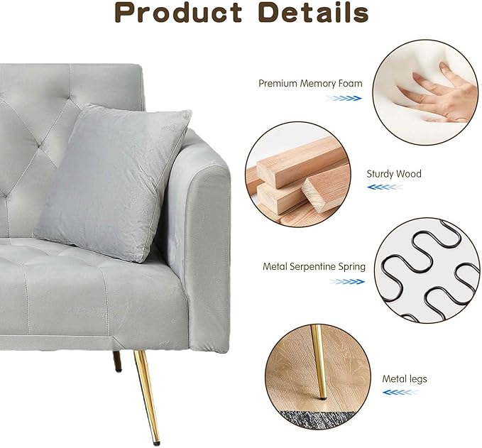 71Convertible Futon Sofa Bed - Modern Velvet Sleeper Couch with Adjustable Backrest Tufted Recliner with Golden Chrome Legs &amp 2 Pillows Perfect for Small Spaces Living Room &amp Apartment (Gr