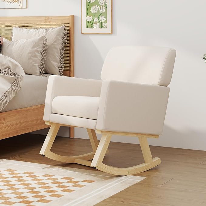 Giantex Upholstered Rocking Chair Nursery Rocking Chair w/Widened Back Machine-Washable Seat Cushion Cover Solid Rubber Wood Frame Glider Rocker Accent Chair for Living Room Bedroom Beige