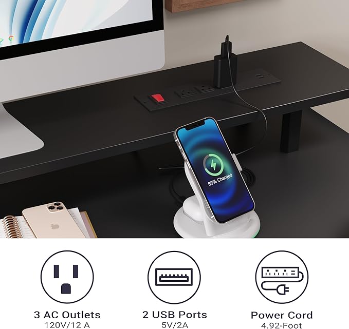 Black Computer Desk with Drawers 42 Inch Home Office Desk Study Writing Table Gaming Desk with USB Power Outlets Office Desk with Fabric Drawer Work Table with Shelf for Bedroom Black