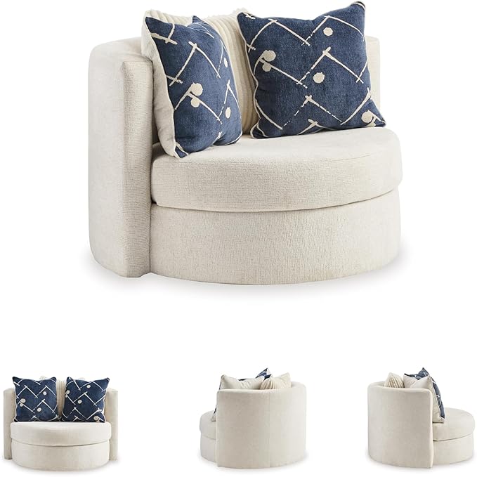 Signature Design by Ashley Padova Transitional Upholstered Swivel Accent Chair Reversible Seat Cushion 3 Complimentary Accent Pillows 360-Degree Swivel Ivory Fabric