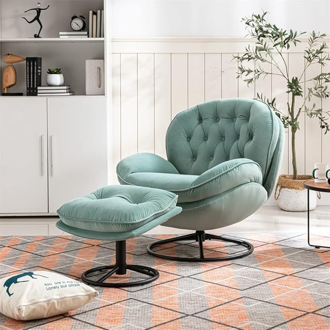 Velvet Swivel Accent Chair with Ottoman Set Modern Lounge Chair with Metal Base Frame &amp Footrest Comfortable Single Leisure Sofa Chair Reading Chair with 360 Degree Swiveling for Living Room Te