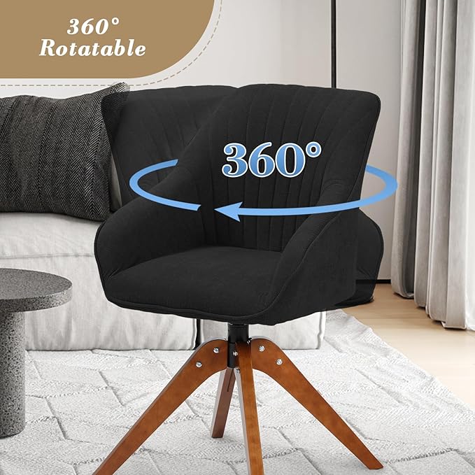 Athena Collection Swivel Modern Accent Chair Linen Upholstered Armchair Office Desk Chair No Wheels with Wooden Legs Comfy Vanity Chair Reading Chair for Bedroom Living Room Black
