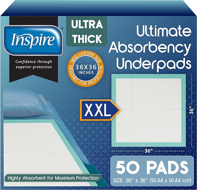 Inspire Extra Large Super Absorbent Disposable Bed Pads for Chronic Incontinence Ultra Thick and Absorbent Bed Pads Disposable Adult | Pee Pads for Adults (36 X 36 Pack of 50)