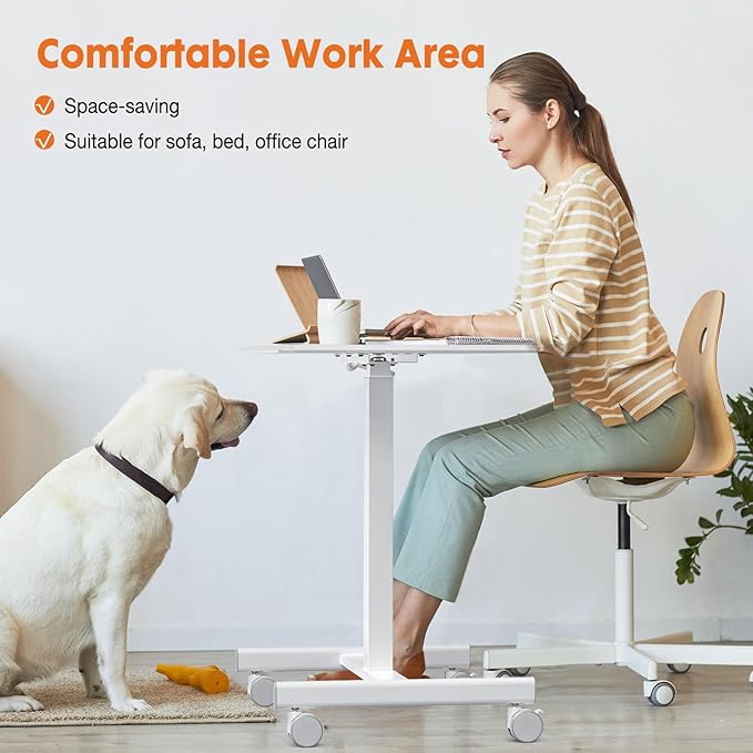 Sweetcrispy Small Mobile Rolling Standing Desk - Overbed Table Mobile Portable Rolling Laptop PC Table with Locking Wheels Adjustable Height Computer Workstation for Home Office 19 InchWhite