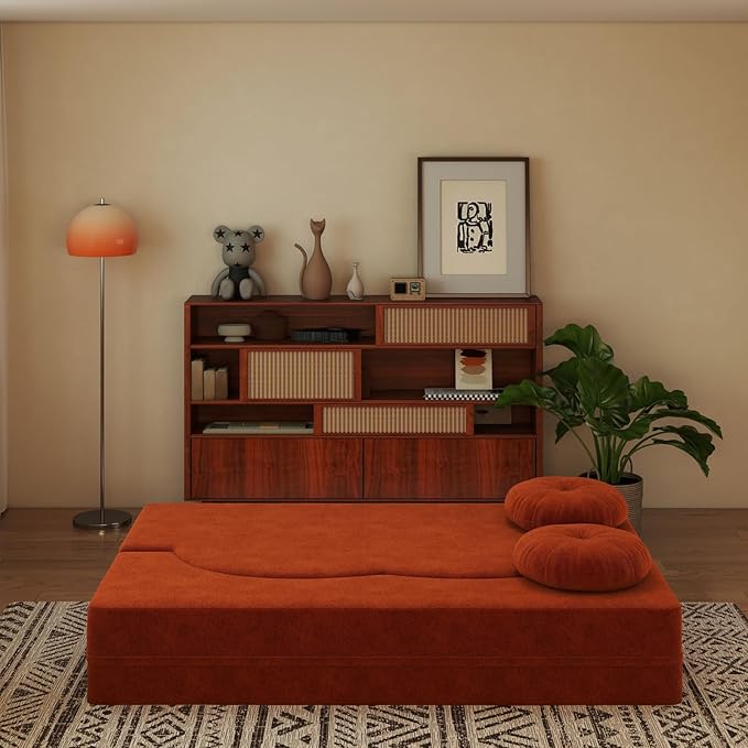 2-in-1 Convertible Sofa Bed 78.7 Memory Foam Boneless Couch Bed Full Size Love Seat Sleeper Sofa Floor Couch Loveseat w/ 2 Pillows for Living Room Bedroom Apartment Office No Assembly Orange