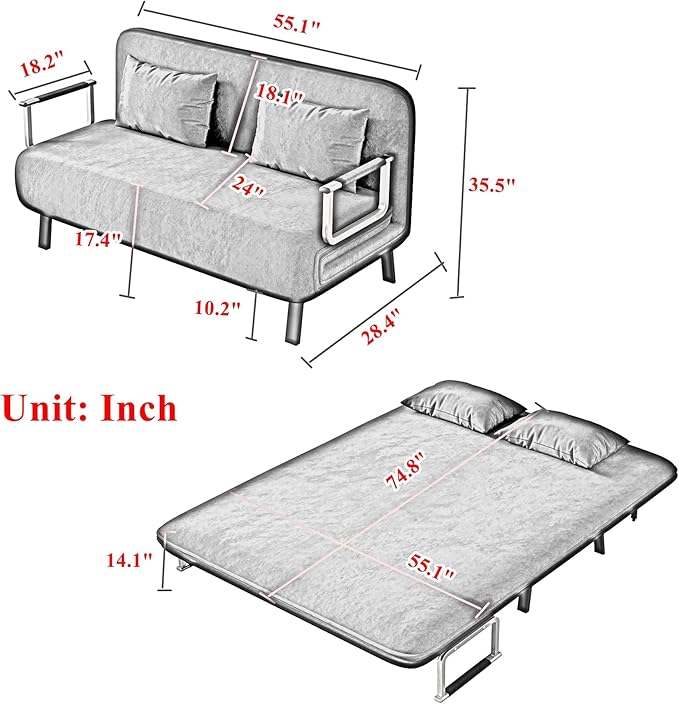 Convertible Sofa Bed Full Size Velvet Tri-Fold Sofa Bed with 6-Position Adjustable Backrest Multi-Functional Folding Chaise Lounge Couch for Home Office 55 W x 74.8 L Antique Green