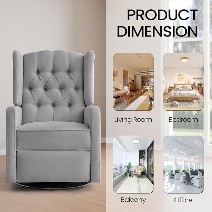 360 Swivel Rocker Recliner Chair for Adults Nursery Chair for Small Spaces Living Room Upholstered Fabric Glider Recliner Grey