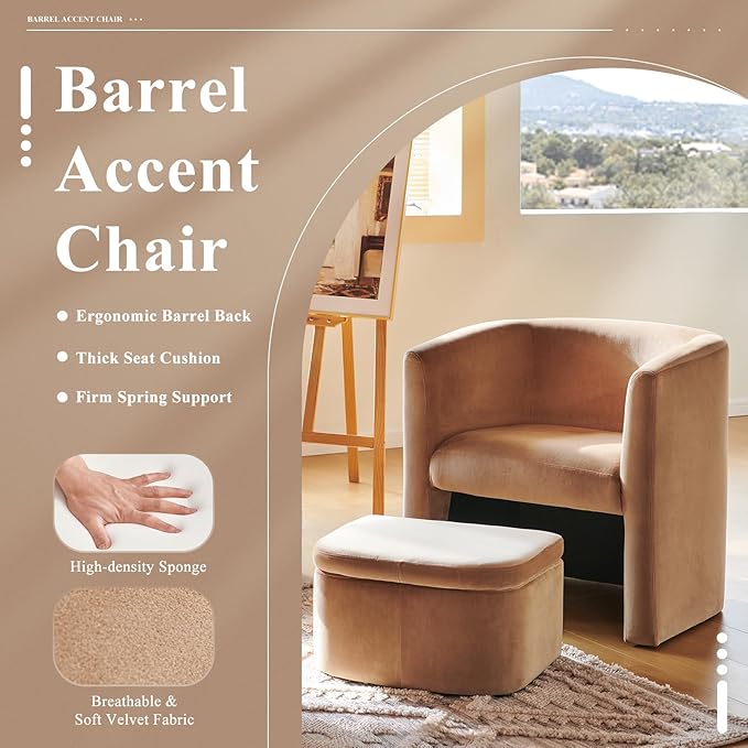 COLAMY Morden Velvet Barrel Accent Chair with Storage Ottoman Set of 2 Upholstered Living Room Side Chair Single Sofa Armchair with Lounge Seat for Bedroom/Office/Reading Spaces Khaki