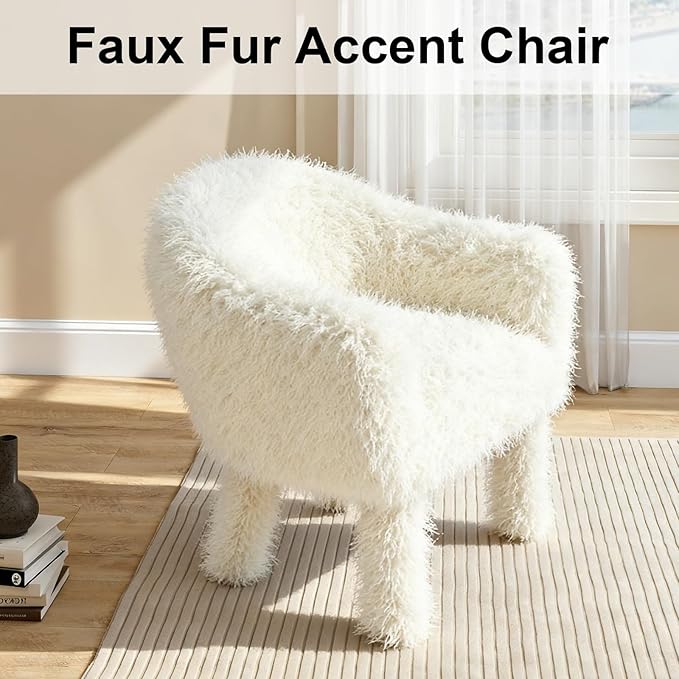 Modern Faux Fur Accent Chair with Solid Wood Frame Comfy Living Chair Cozy Furry Lounge Chair Upholstered Armchair for Living Room Bedroom Vanity Reading Nook (Ivory)