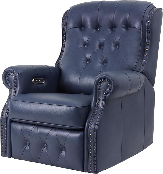 EONIX Dual Motor Lay Flat Power Recliner Chair Mid Century Wingback Recliner with Independent Adjustable Backrest and Extended Footrest 400lbs Heavy Duty Breathable Faux Leather Navy Blue