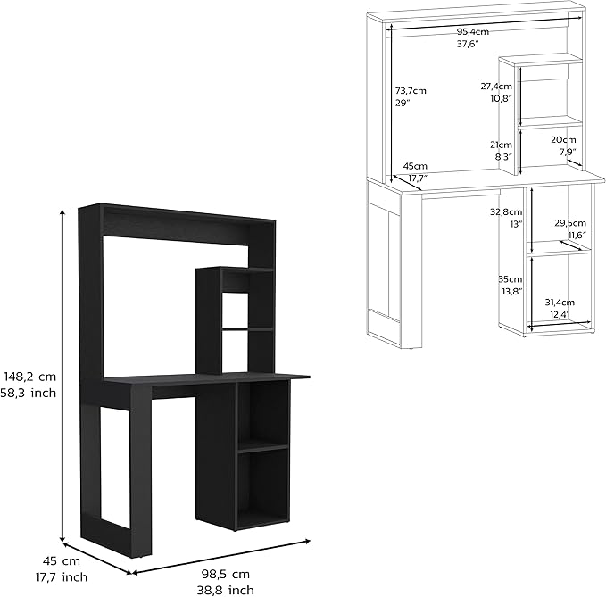Home Office Desk Writing Computer Desk with Storage Shelves and Hutch Black