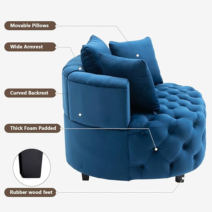 mikibama 40.6'' W Oversized Barrel Chair Blue Accent Chair for Living Room Round Oversized Chair with 3 Pillows Deep Seat Extra Wide Velvet