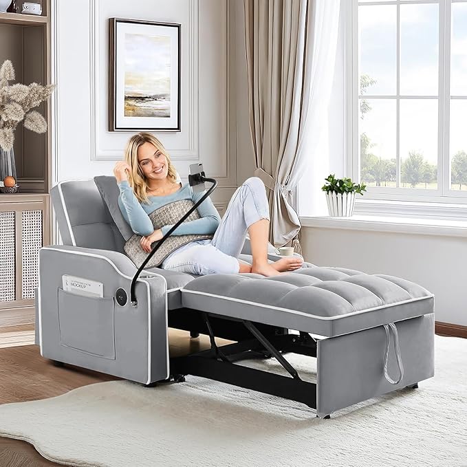3-in-1 Convertible Sleeper Sofa Bed Chair with Cup Holders &amp Phone Holder Futon Chair Bed with Pull Out Couch Adjustable Backrest Modern Velvet Chaise Lounge for Living Room Bedroom (Grey 35.43