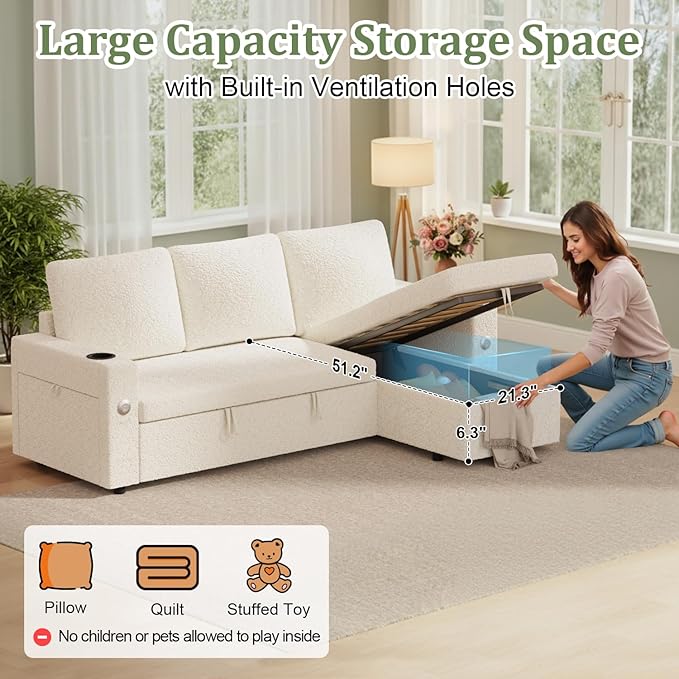 82 Inch L-Shape Sectional Couch 4-in-1 Multifunctional Pull-Out Couch Sleeper Sofa with Storage Chaise Charging Station Cup Holder for Living Room/Office/Apartment (White)