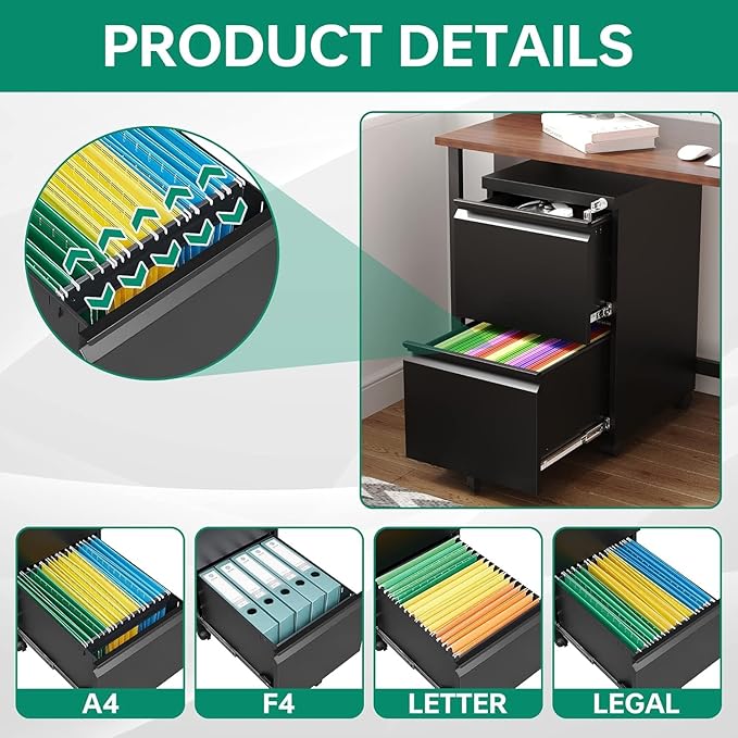 Letaya 2 Drawer Mobile File Cabinet with Lock Under Desk Metal Rolling Filing Cabinets for Home Office Organizer Letters/Legal/A4 (Black- Requires Installation)