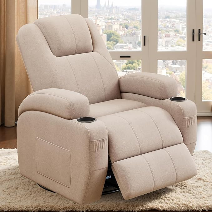 Flamaker Swivel Rocker Recliner Chair with Vibration Massage 360° Swivel Recliner Chairs for Adults Ergonomic Lounge Chair with Cup Holders Lazy Boy Recliner Single Sofa Seat (Fabric Khaki)