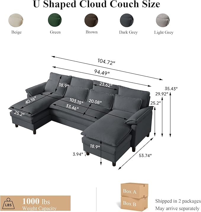 105 U Shaped Cloud Couch Sectional 4 Seat Home Sofa Living Room Comfy Couches with Storage Ottoman Double Layer Cushion Modular Sofas for Bedroom Apartment and Office Dark Grey